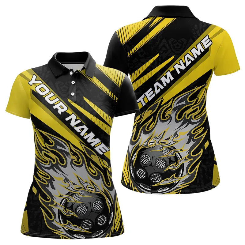 Black And Yellow Custom Flame Pickleball Polo Shirts For Women, Pickleball Jerseys IPHW8103