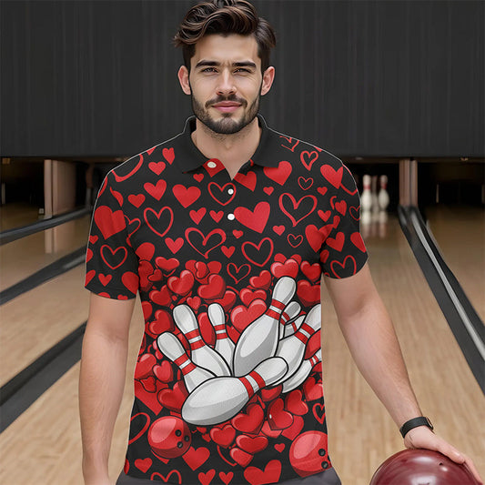 Black And Red Heart Theme Custom Valentines Bowling Polo Shirt For Men, Couple Bowling Shirt IPHW8336