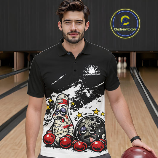 In a bowling lane, male model wearing a black and white polo shirt, cartoon boxing-style bowling ball and pin illustrated as beaten-up fighters in playful sports artwork.