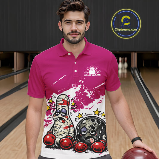 Male model in a bowling lane wearing a pink and white polo shirt, playful boxing bowling strike artwork with energetic sports vibe.