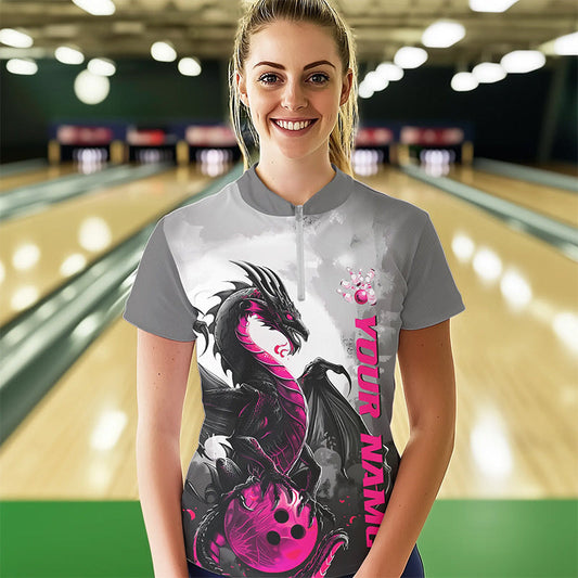 Black And Pink Custom Dragon Bowling Womens Quarter-Zip Shirts, Dragon Bowling Team Shirts IPHW8818