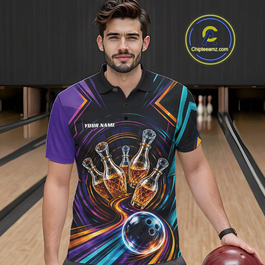 A man wearing a custom bowling-themed short-sleeve polo shirt with a colorful graphic of bowling pins that resemble wine bottles and a bowling ball, set against a bowling alley background.