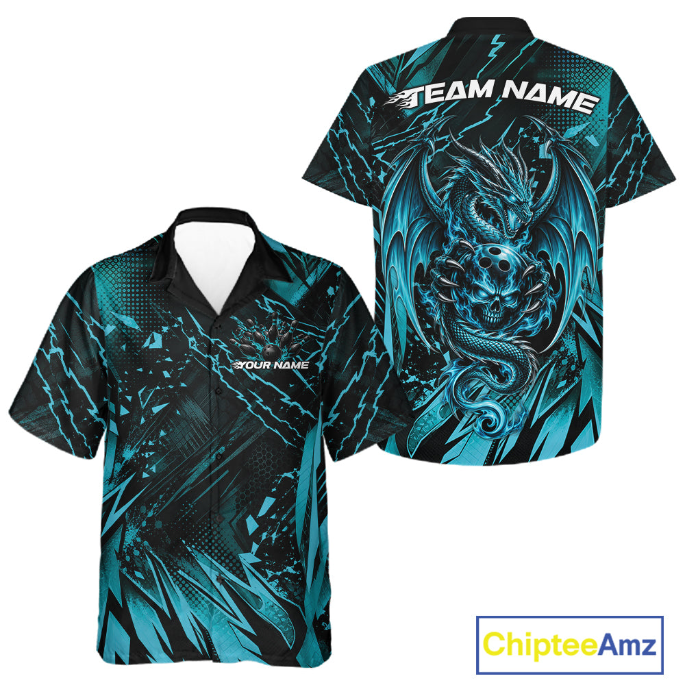 Custom Black And Teal Blue Dragon Bowling Men And Women Button Up Shirt, Skull Bowling Ball Jersey IPHW12119