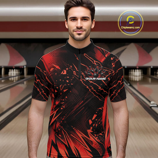 Custom Black And Red Dragon Bowling Men Quarter Zip Shirt, Skull Bowling Ball Jersey IPHW12120