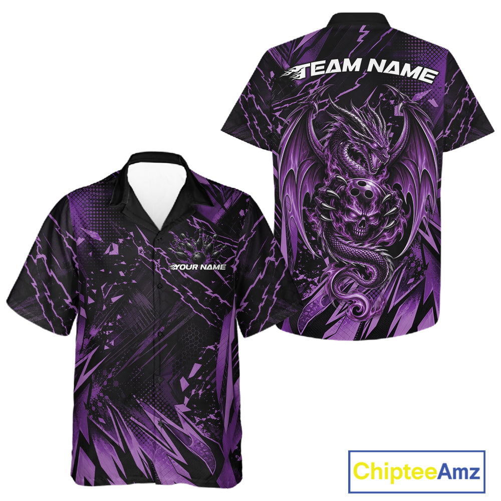 Custom Black And Purple Dragon Bowling Men And Women Button Up Shirt, Skull Bowling Ball Jersey IPHW12121