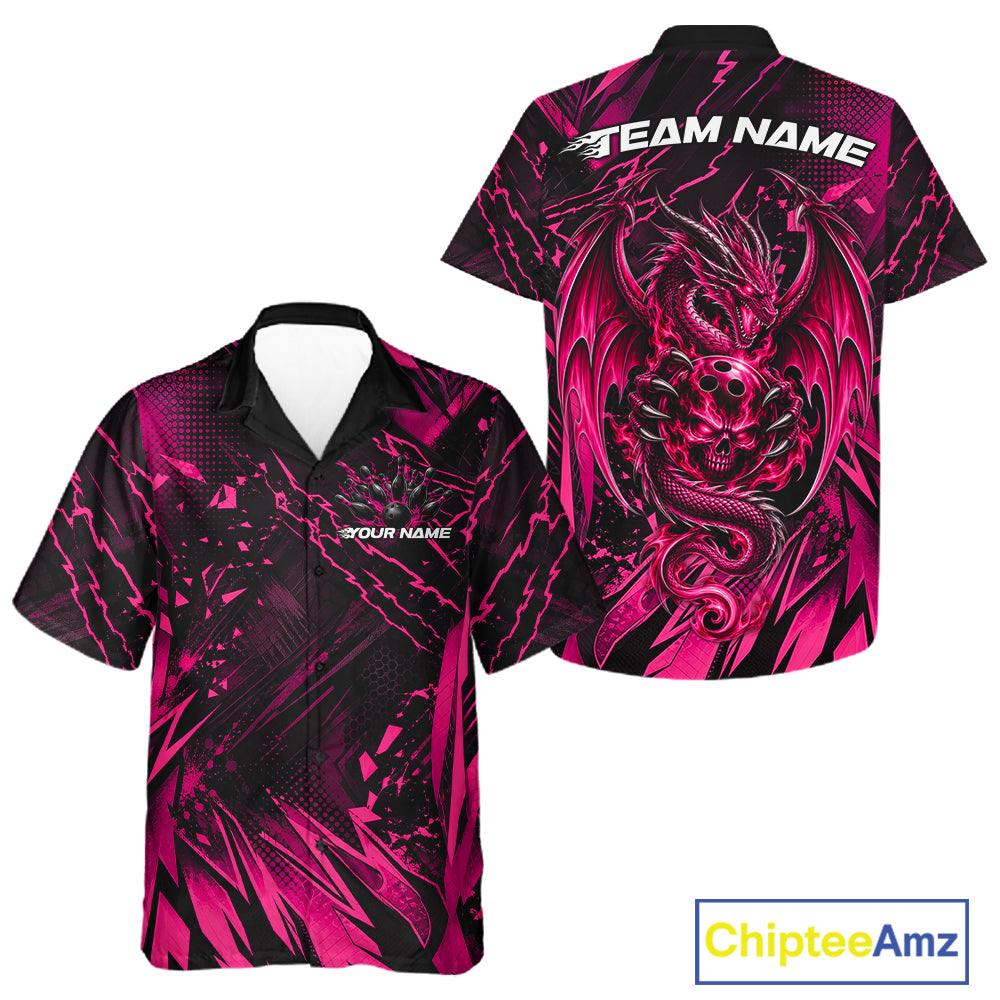 Custom Black And Pink Dragon Bowling Men And Women Button Up Shirt, Skull Bowling Ball Jersey IPHW12122