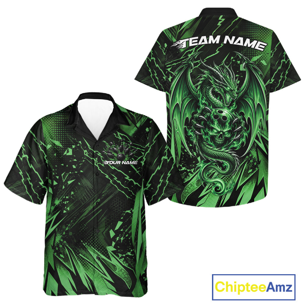 Custom Black And Green Dragon Bowling Men And Women Button Up Shirt, Skull Bowling Ball Jersey IPHW12123