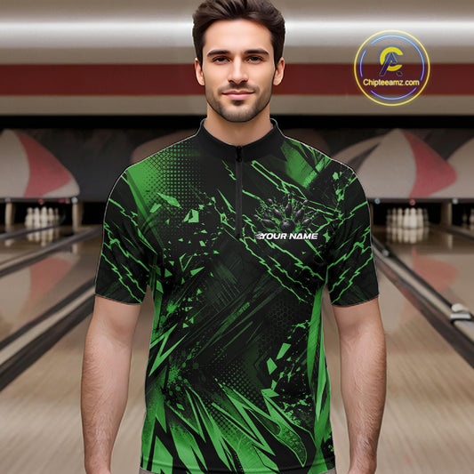 Custom Black And Green Dragon Bowling Men Quarter Zip Shirt, Skull Bowling Ball Jersey IPHW12123