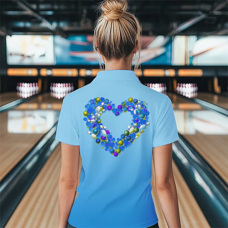 Blue Bowling Heart Custom Valentines Bowling Polo Shirts For Women, Bowling Couple Shirt IPHW8339