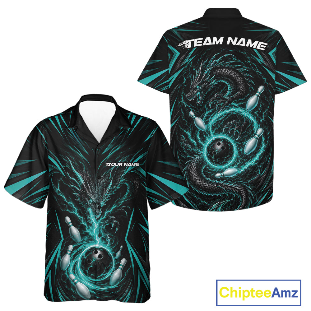 Front and back views of a black short-sleeve bowling-themed button-up shirt with a glowing teal dragon, bowling balls, pins, shown on a white background with a ChipteeAmz logo in the corner.