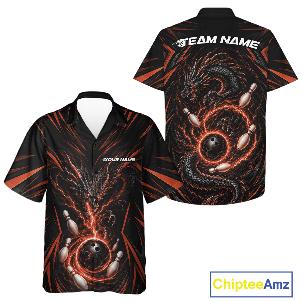 Front and back views of a black short-sleeve bowling-themed shirt with orange lightning effects, a dragon, bowling pins, and a bowling ball