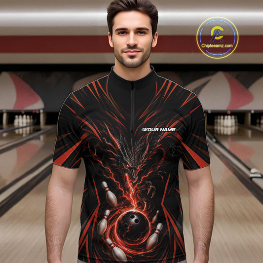 A man wearing a black short-sleeve zip-up bowling jersey with a orange and black lightning-bolt graphic and bowling pins printed on the front, set against a bowling alley background. A circular 'Chipteamz logo