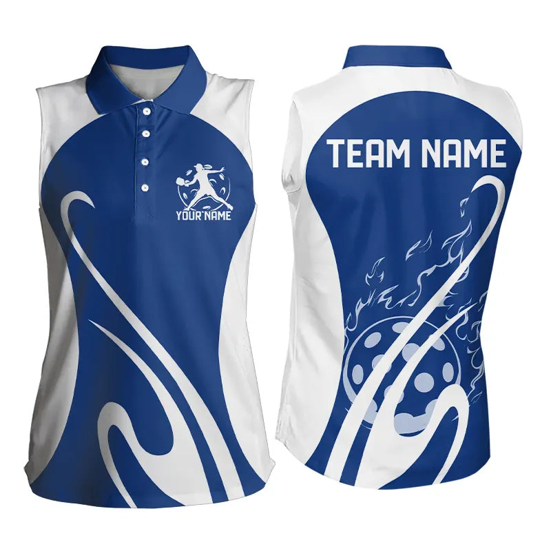 Custom White And Blue Pickleball Womens Sleeveless Polo Shirts, Flame Pickleball Tournament Shirt IPHW8116