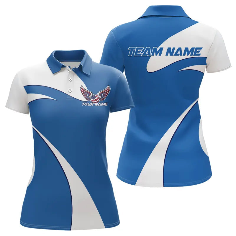 Custom US Flag Picklebal Wings Blue Polo Shirts For Women, Patriot Pickleball Team Shirt IPHW8118