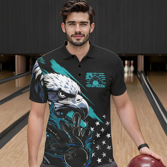 Black And Blue American Flag Eagle Custom Patriotic Flame Bowling Team Men Polo Shirts IPHW8849