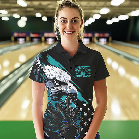 Black And Blue American Flag Eagle Custom Patriotic Flame Bowling Team Women Polo Shirts IPHW8849