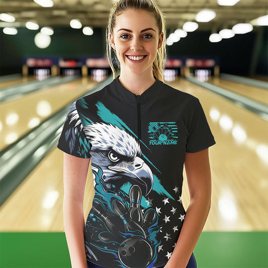 Black And Blue American Flag Eagle Custom Patriotic Flame Bowling Women Quarter-Zip Shirts IPHW8849