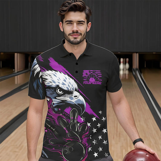Black And Purple American Flag Eagle Custom Patriotic Flame Bowling Team Men Polo Shirts IPHW8850