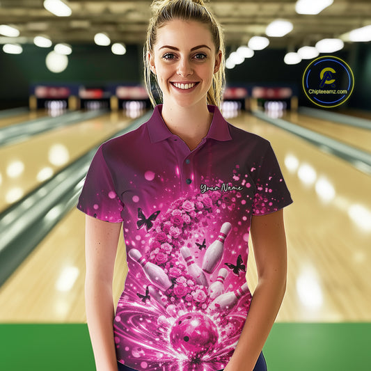 Custom Elegant Pink Roses And Butterfly Women Bowling Shirt, Flower Bowling League Shirt IPHW10928