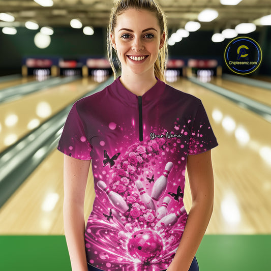 Custom Elegant Pink Roses And Butterfly Women Bowling Shirt, Flower Bowling League Shirt IPHW10928