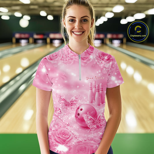 Custom Elegant Pink Roses And Butterfly Women Bowling Quarter-Zip Shirts, Ladies Outfit IPHW10937