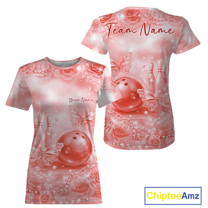Custom Elegant Red Roses And Butterfly Women Bowling T-Shirts, Ladies Outfit IPHW10940