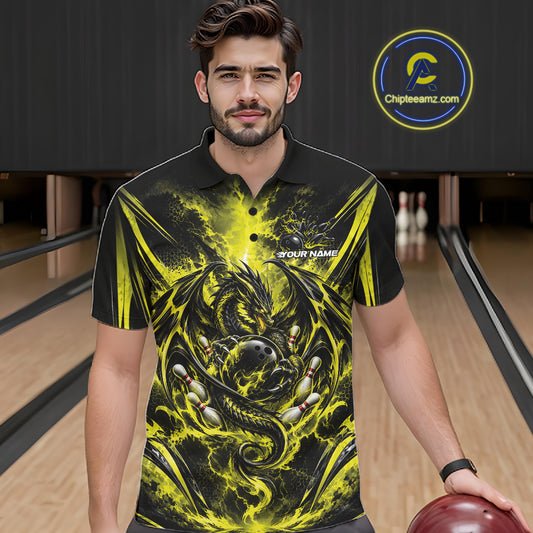 Custom Black And Yellow Thunder Lightning Dragon Men Bowling Jersey Men Polo Shirt IPHW12124