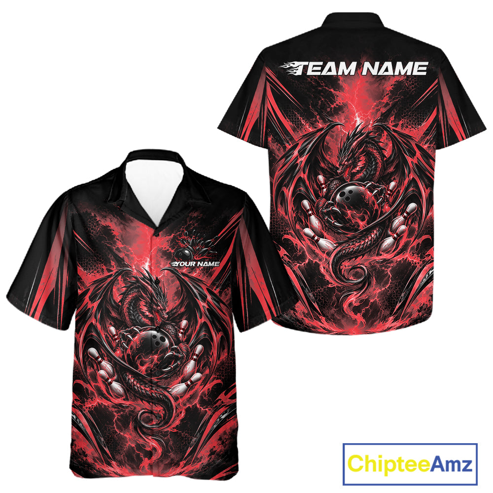 Custom Black And Red Thunder Lightning Dragon Men And Women Bowling Jersey Men And Women Button Up Shirt IPHW12125