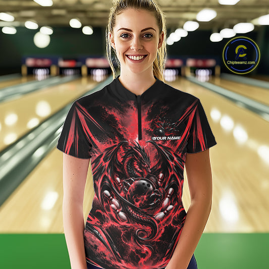Custom Red Thunder Lightning Dragon Women Bowling Jersey Women Quarter-Zip Shirt IPHW12125