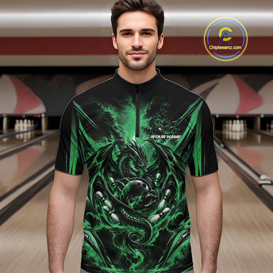 Custom Black And Green Thunder Lightning Dragon Men Bowling Jersey Men Quarter Zip Shirt IPHW12127