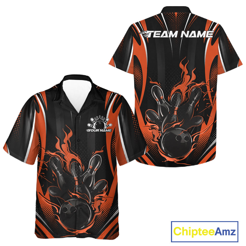 Black And Orange Flame Custom Bowling Men And Women Button Up Shirt, Bowling Tournament Team Jersey IPHW12143
