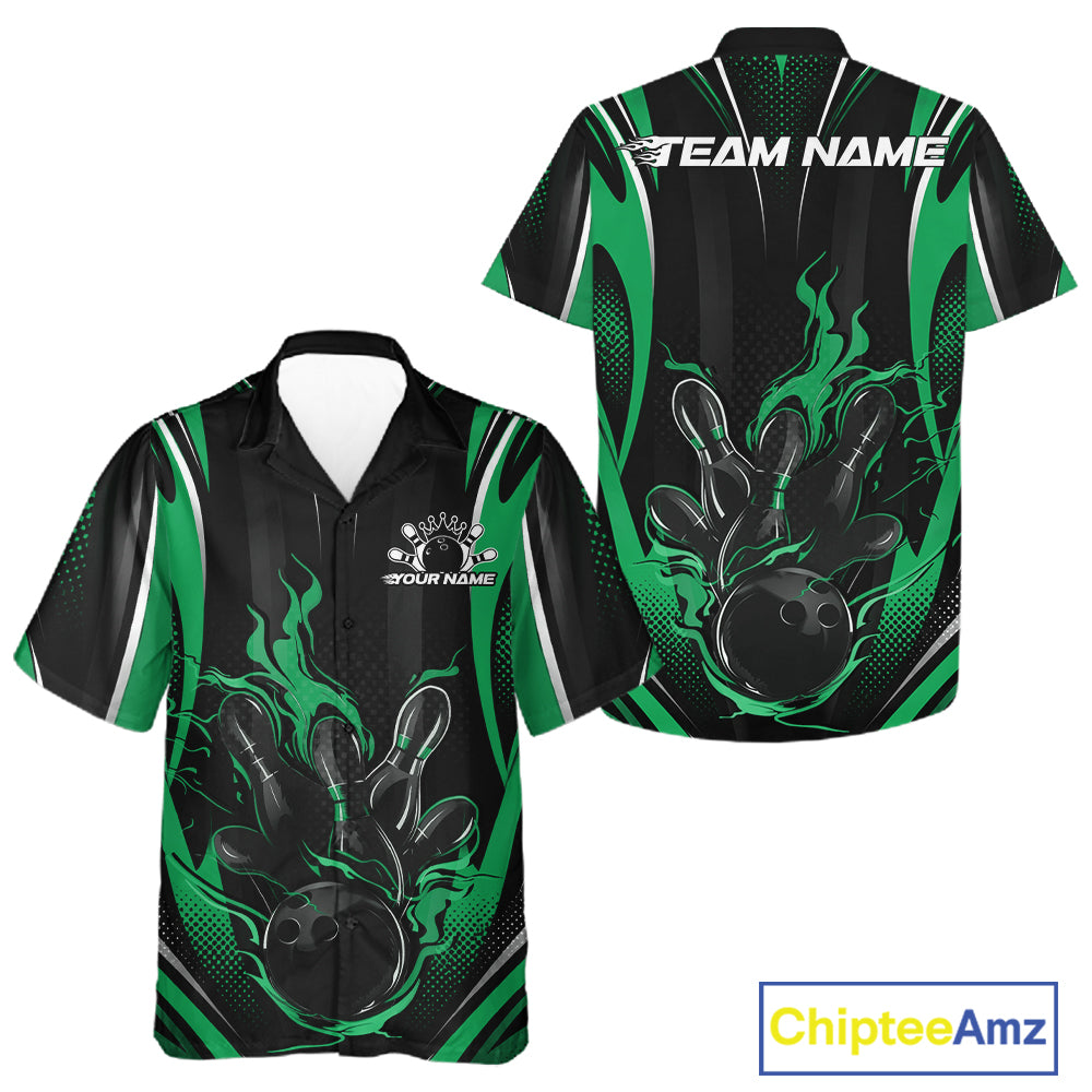 Black And Green Flame Custom Bowling Men And Women Button Up Shirt, Bowling Tournament Team Jersey IPHW12144