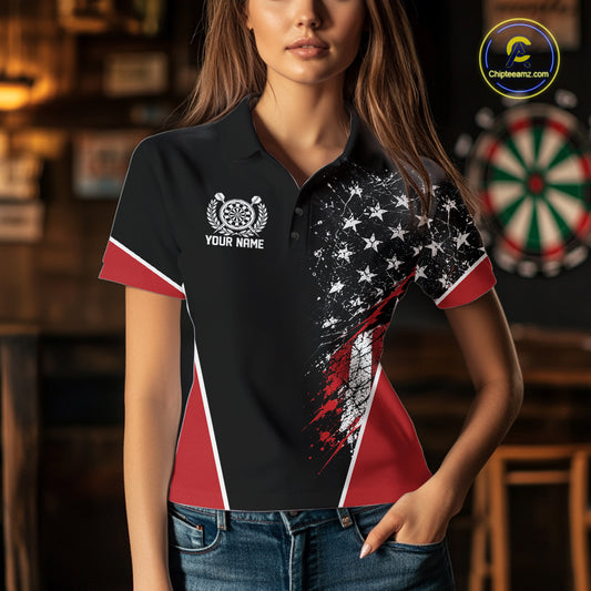 Custom Black And Red Grunge American Patriotic Dart Women Polo Shirt, Vintage Dart Jersey IPHW12511