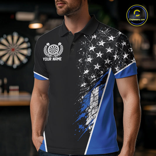 Custom Black And Blue Grunge American Patriotic Dart Men Polo Shirt, Vintage Dart Jersey IPHW12512
