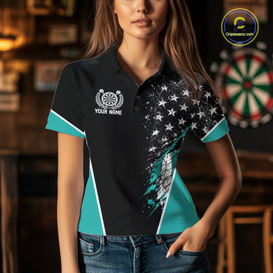 Custom Black And Turquoise Grunge American Patriotic Dart Women Polo, Vintage Dart Jersey IPHW12513