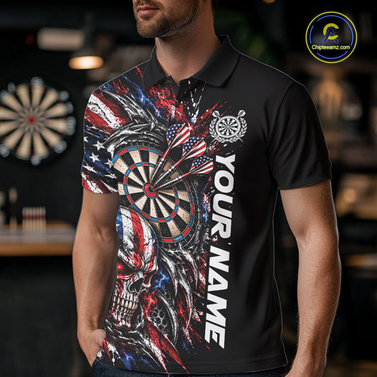 Custom Patriotic American Flag Skull Dart Men Polo Shirt, Dart Team Jersey IPHW12521