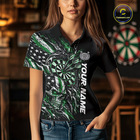Custom Green American Flag Skull Patriotic Dart Women Polo Shirt, Dart Team Jersey IPHW12522