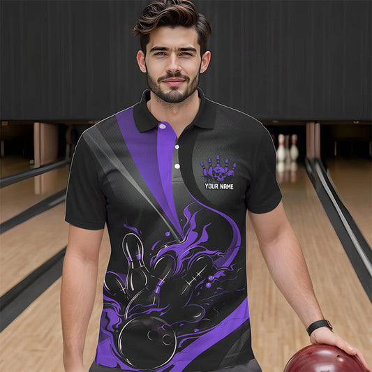 Custom Black And Purple Flame Bowling Polo Shirts For Men, Fire Bowling Team Shirt IPHW8541
