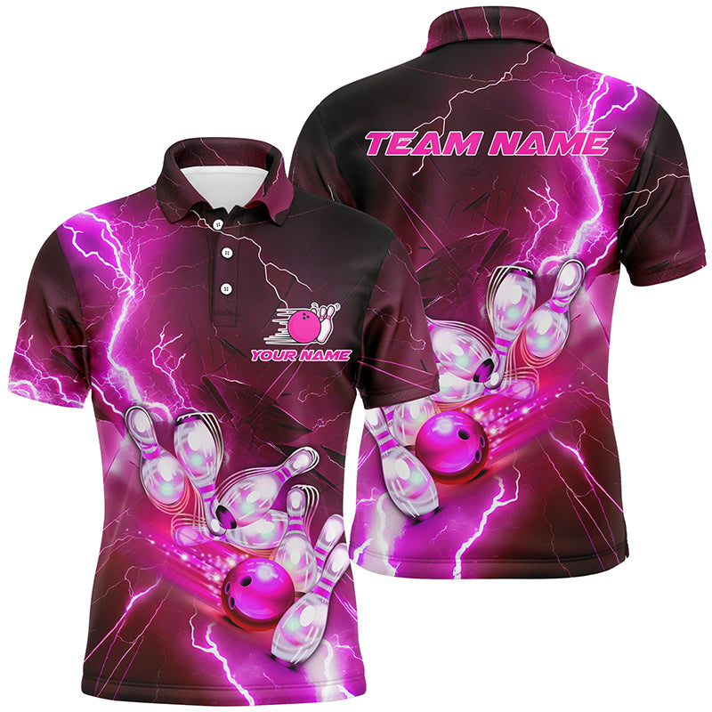 Lightning Strike Custom Pink Bowling Polo Shirts, Bowling Team Jerseys For Men IPHW5222