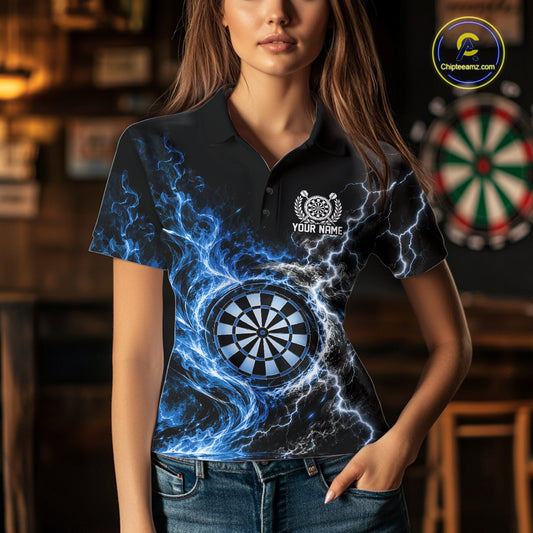 Blue Flame And Lightning Dart Women Polo Dart Team Jersey With Custom Name IPHW12551