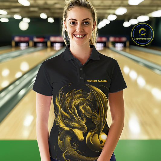 Custom Black And Yellow Dragon Bowling Shirts, Bowling League Shirt Dragon Women Jersey IPHW10706