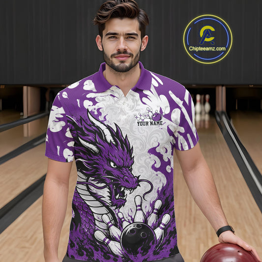 Man wearing a purple and white bowling shirt with a dragon design in a bowling alley.