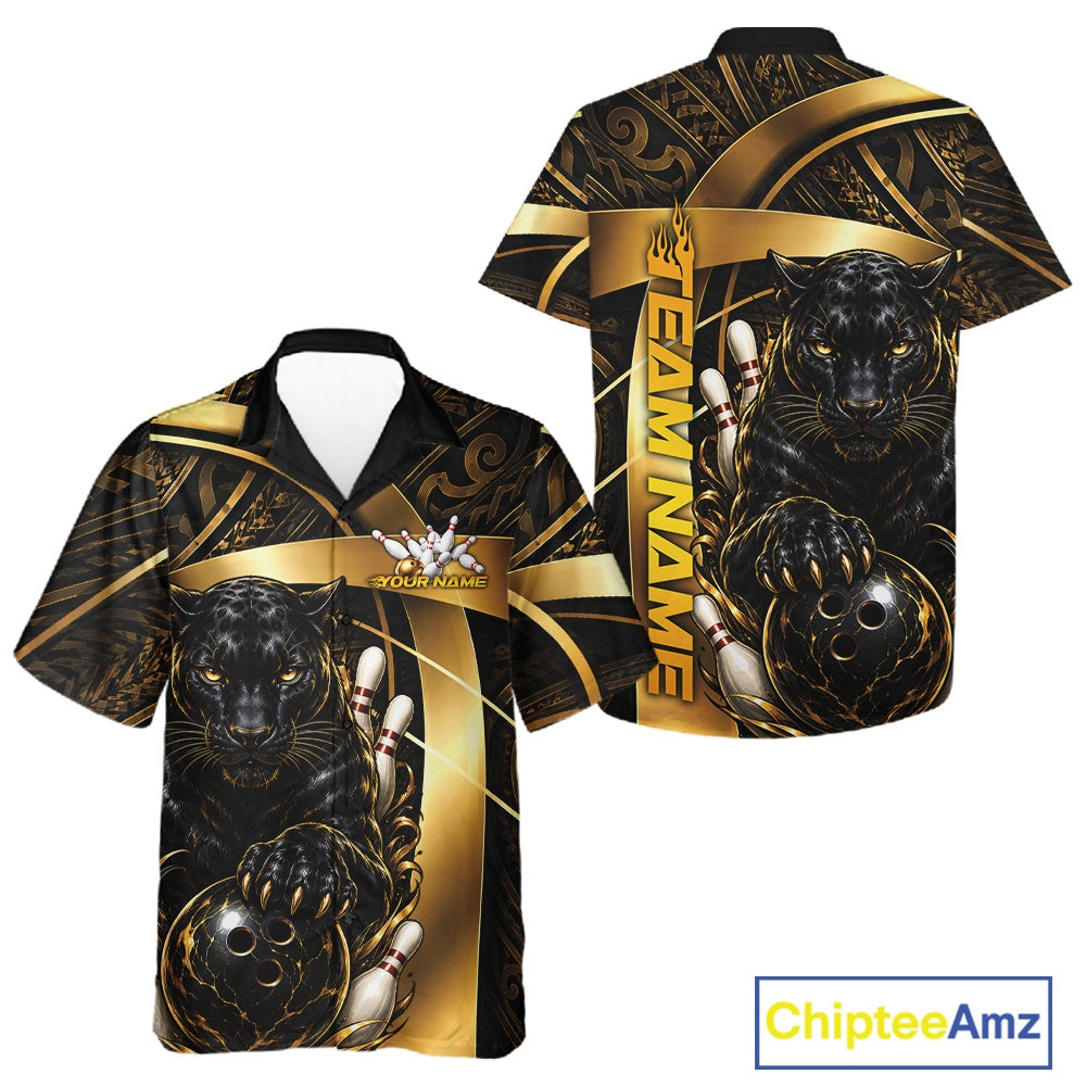Custom short-sleeve bowling t-shirt shown from both front and back views. The shirt features a black and gold tribal pattern with a graphic of a black panther holding bowling balls, bowling pins, and a bowling pin rolling pin.