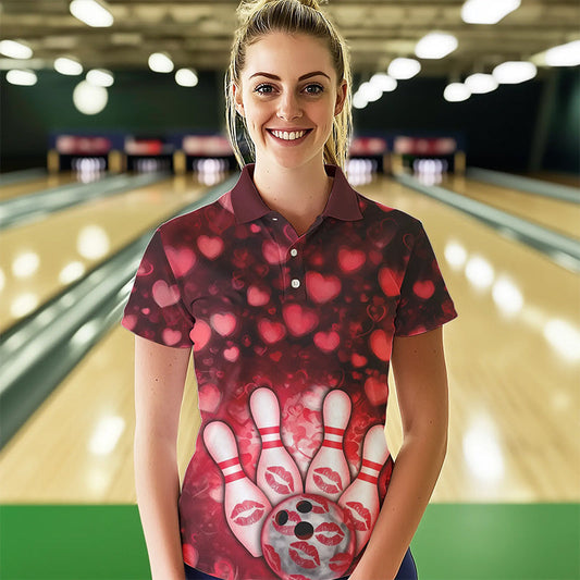 Black And Red Heart Custom Valentines Bowling Polo Shirt For Women, Bowling Couple Outfit IPHW8364