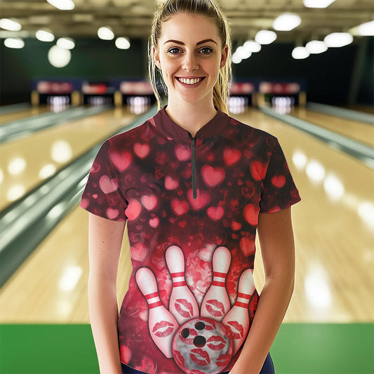 Black And Red Heart Theme Custom Valentines Bowling Womens Quarter-Zip Shirt, Bowling Couple IPHW8364