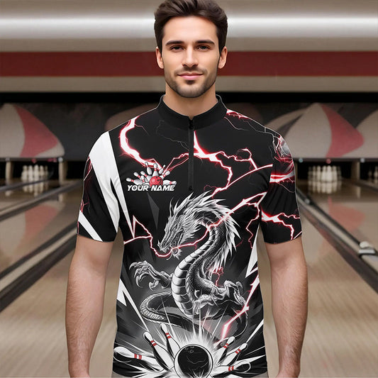Custom Black And Red Thunder Lightning Dragon Bowling Team Quarter-Zip Shirts For Men IPHW8556