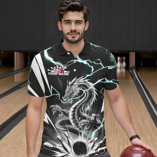 Custom Black And Blue Thunder Lightning Dragon Bowling Team Polo Shirts For Men IPHW8557