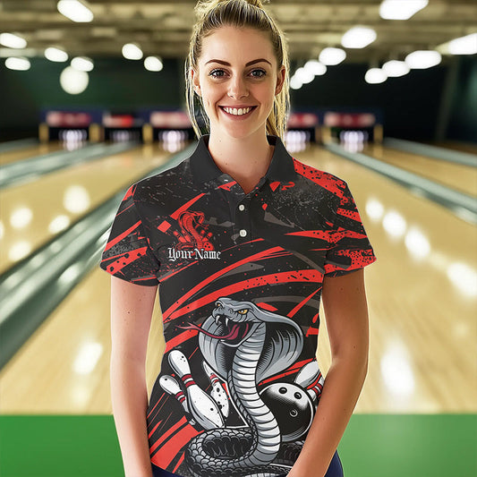 Custom Black And Red Cobra Snake Bowling Team Polo Shirts For Women, Bowling League Shirts IPHW8565