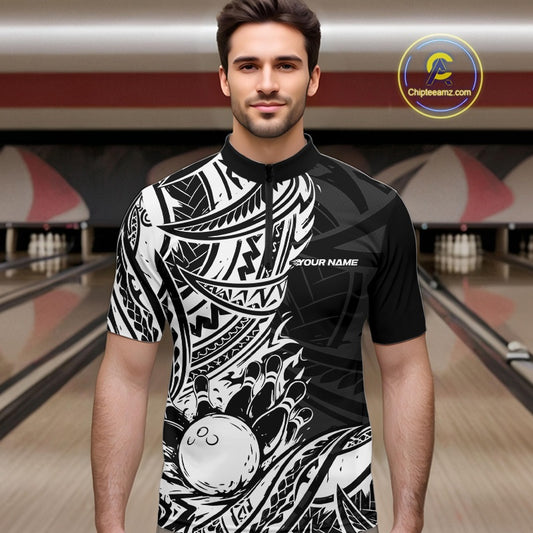 Custom Black And White Maori Style Koru Spiral Tribal Men Bowling Quarter-Zip Team Shirt IPHW10955