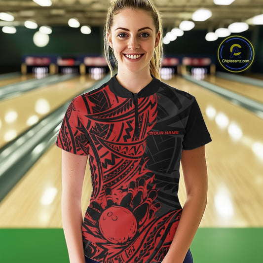 Custom Black And Red Maori Style Koru Spiral Tribal Women Bowling Quarter-Zip Team Shirt IPHW10956